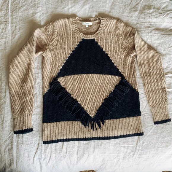 Madewell Geometric Fringe Black Camel Sweater - Picture 1 of 5